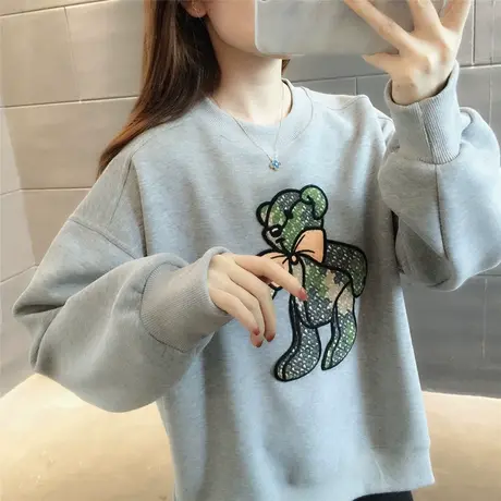 卡通小熊卫衣2023女秋冬软糯洋气小个子圆领长袖加绒加厚上衣百搭商品大图