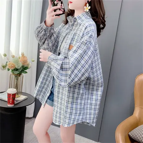 chic港味复古格子衬衫女春秋季薄款宽松bf慵懒风学生百搭外套上衣商品大图