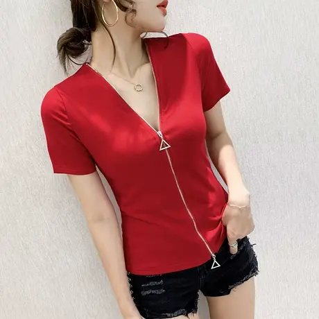 女装2023新款潮时尚V领T恤女短袖夏个性拉链上衣洋气百搭半袖小衫商品大图