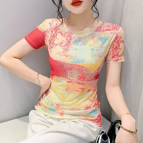 欧货印花网纱T恤女短袖2023夏季新款时尚洋气百搭修身小衫上衣ins商品大图