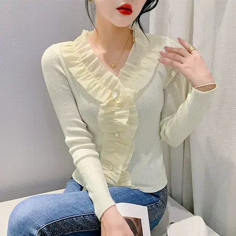 设计感木耳边V领针织长袖性感网纱拼接上衣洋气修身外穿打底衫ins商品大图