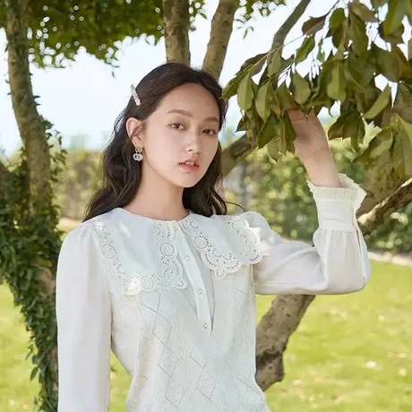 香影假两件上衣女2023秋装新款时尚洋气长袖大翻领衬衫拼接针织衫商品大图