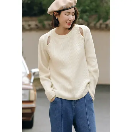 弥古圆领挖肩上衣露肩慵懒毛衣打底女秋冬法式镂空针织衫气质内搭图片