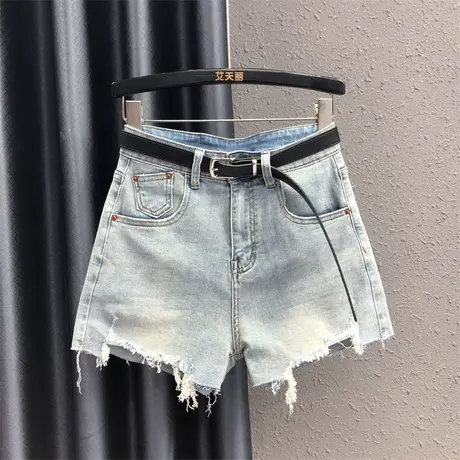 欧货洋气休闲磨破乞丐裤高腰牛仔短裤女2023夏新品时尚宽松阔腿裤图片