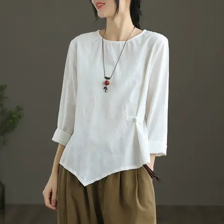 dza棉质短款宽松t恤女士长袖2022新款秋季大码上衣白色体恤打底衫商品大图