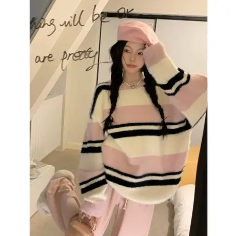 条纹毛衣女秋冬季加厚宽松韩版套头设计感小众上衣慵懒风针织外套商品大图