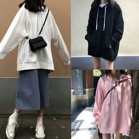 薄款2023秋季新款卫衣女学生韩版宽松纯色百搭长袖连帽外套上衣潮图片
