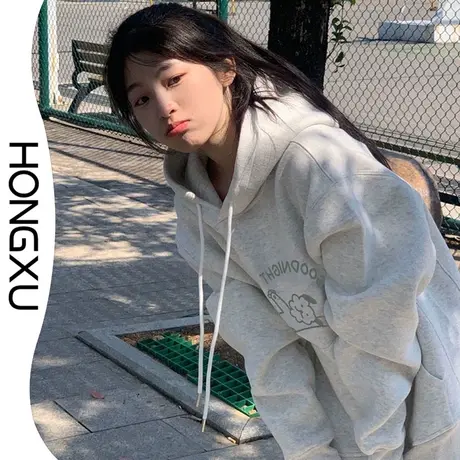 红续正肩日系奶白灰卫衣女秋冬简约学院风小清新连帽上衣加绒加厚图片