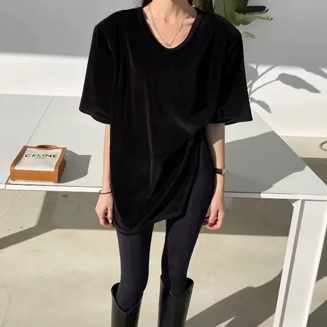 韩国东大门2023年春季新款V领垫肩开叉宽松打底丝绒短袖T恤上衣女图片
