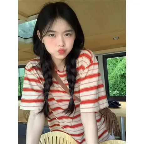 条纹t恤女短袖夏2023年新款红色上衣小个子宽松百搭绿色彩条体恤商品大图