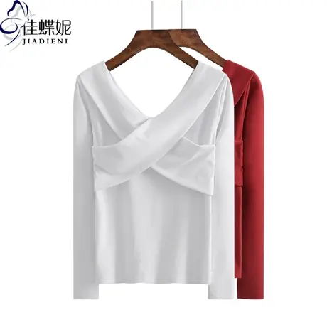 春秋季韩版双V领修身显瘦纯白纯色交叉长袖体恤上衣内搭女打底衫商品大图