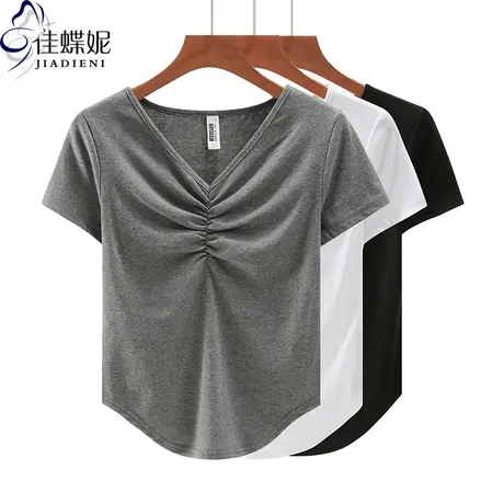 夏季新款韩版V领修身纯棉褶皱下摆圆弧纯欲短袖体恤上衣女打底衫商品大图