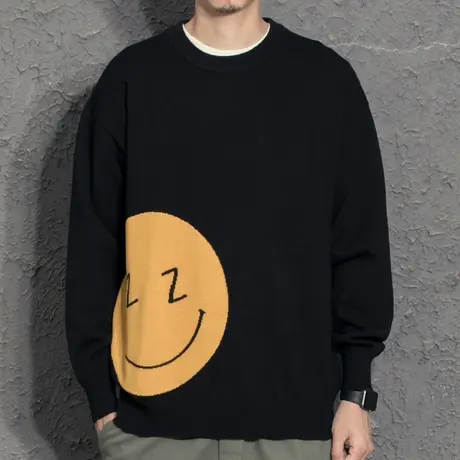 小众设计感大笑脸圆领毛衣男宽松休闲百搭韩版潮流秋冬新款打底衫图片