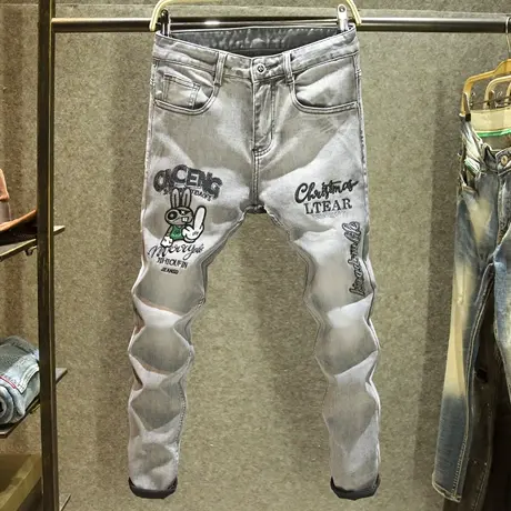 灰色高端刺绣牛仔裤男款潮牌修身长裤韩版潮流高街显瘦弹力小脚裤商品大图