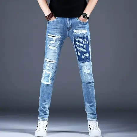 秋季美式高街高端潮牌潮流破洞牛仔裤男款修身小脚弹力补丁裤子男图片