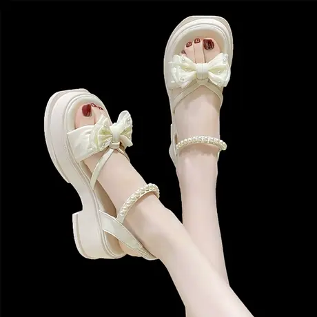 凉鞋女2023年新款夏季蝴蝶结粗跟防滑时尚百搭仙女风一字沙滩鞋女图片