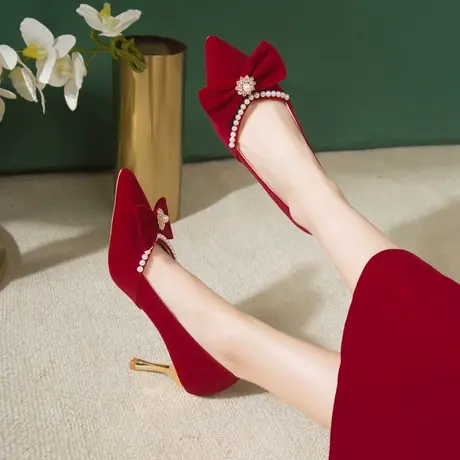婚鞋新娘鞋红色细高跟鞋2023新款法式单鞋女敬酒中式秀禾服结婚鞋图片