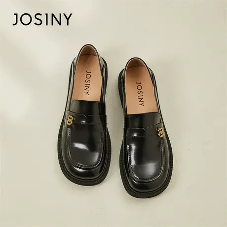 Josiny/卓诗尼黑色小皮鞋女2024新款春季一脚蹬厚底粗跟时尚单鞋商品大图