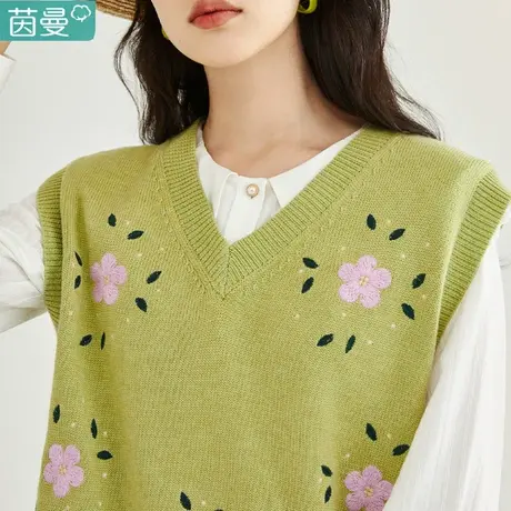 茵曼V领休闲套头针织马甲毛衣女2023年秋季新款宽松无袖外套上衣图片