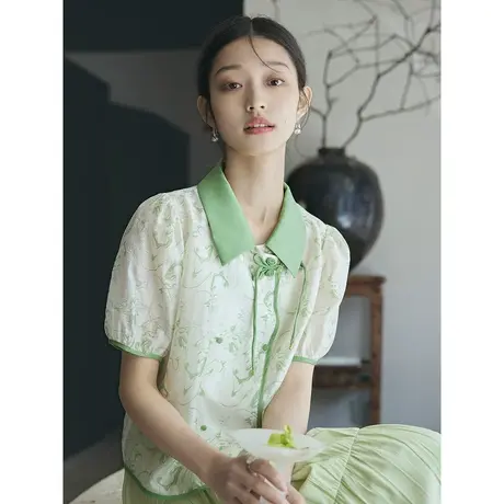 茵曼新中式盘扣翻领花纹雪纺衬衫2023夏女装新款泡泡袖设计感衬衣商品大图