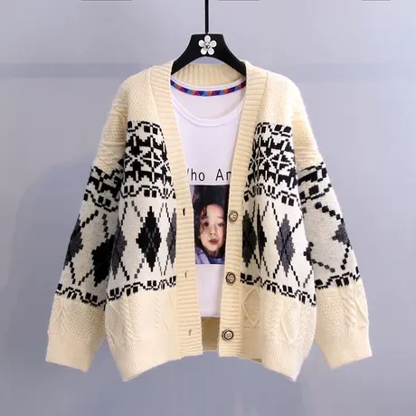 日系毛衣女秋冬外穿2023新款韩版菱格慵懒风宽松长袖针织外套开衫图片