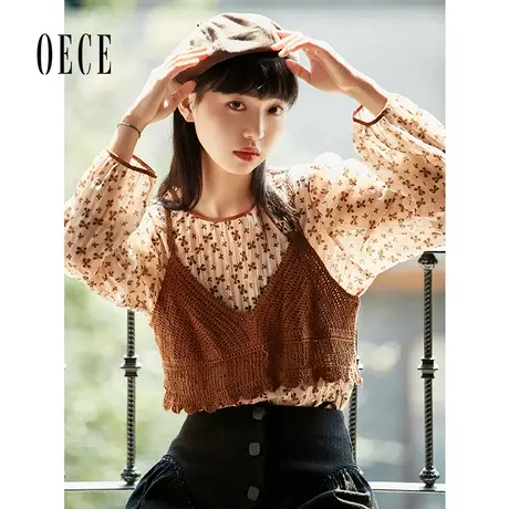 Oece复古设计感上衣2022秋季新款女装甜美减龄碎花衬衣叠穿雪纺衫图片
