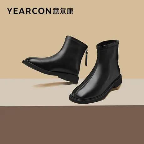 意尔康女靴2023新款秋季真皮短靴女粗跟中跟法式瘦瘦靴短筒单靴子商品大图