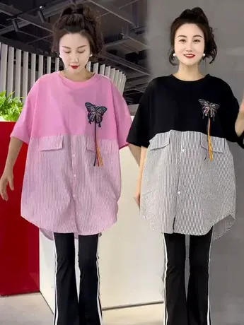 假两件t恤上衣宽松中长款衬衫娃娃衫外出大码时尚款蝴蝶刺绣体恤图片