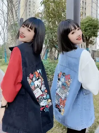 韩版宽松欧货印花牛仔马甲女春秋款时尚百搭外穿坎肩休闲背心外套商品大图
