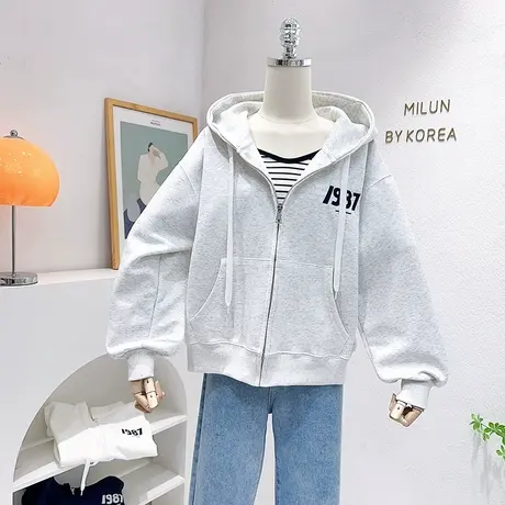 2023春秋薄款开衫外套韩版灰色运动休闲连帽长袖卫衣小个子显腿长图片