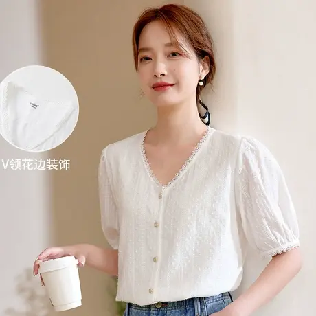 茵曼2023夏女装新款V领花边泡泡袖短袖衬衣商品大图