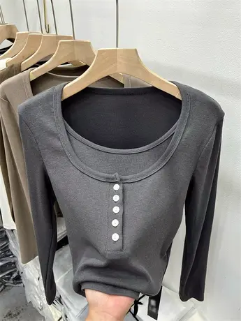 假两件拼接长袖针织衫灰色修身上衣女2023早秋新款时尚洋气打底衫图片