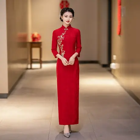 红色敬酒服新娘旗袍喜婆婆2025春秋款结婚七分袖外嫁女回娘家旗袍图片