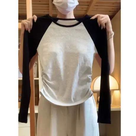 ins超火插肩长袖T恤女2023新款秋季修身收腰短款内搭打底衫上衣潮商品大图