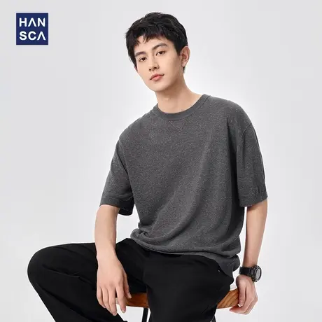hansca 亚麻莱赛尔针织男士t恤2025夏季新款圆领宽松天丝短袖上衣商品大图