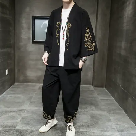套装春夏中国风男装棉麻亚麻汉服两件套汉服一套大码休闲衣服复古图片