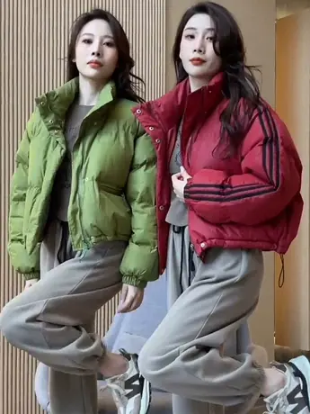 面包服女冬季2023新款三条杠百搭休闲棉服显瘦棉袄短款棉衣潮流款图片