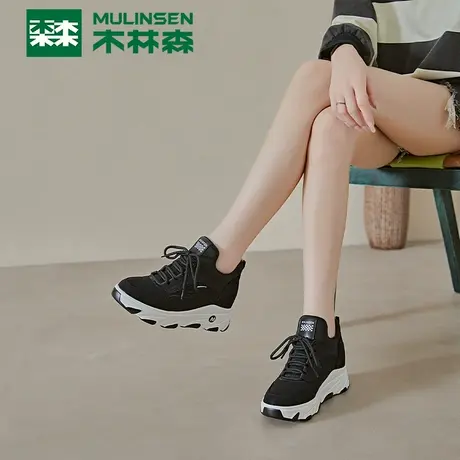 木林森内增高女鞋2025年爆款新款夏季真皮系带厚底高帮休闲鞋子女商品大图