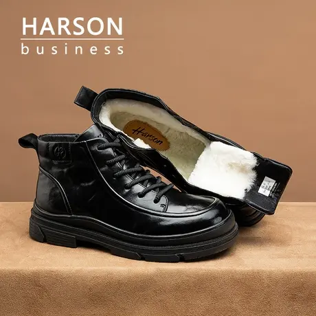 Harson/哈森男士马丁靴2025新款冬季羊毛一体黑色靴子系带棉鞋男图片