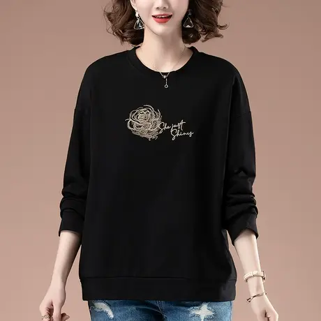 纯棉长袖卫衣t恤女宽松显瘦春秋季加大码洋气加绒中年妈妈打底衫图片