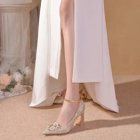 爱丽拉法式婚鞋女秀禾婚纱两用孕妇粗跟新娘高跟鞋防掉绑带不累脚商品大图