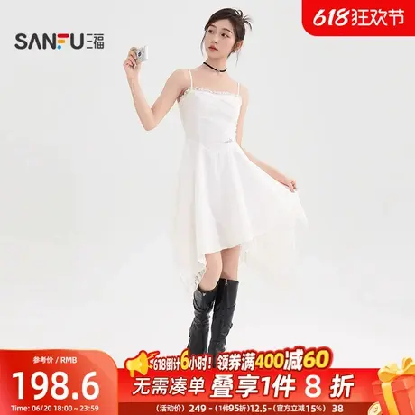三福连衣裙2025夏季蕾丝领口小标装饰不规则裙摆裙子女装503844图片