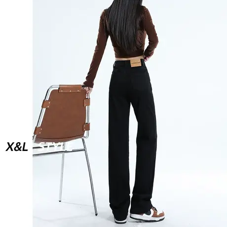 黑色直筒牛仔裤女春秋2023年新款宽松阔腿裤高腰弹力窄版烟管裤子图片