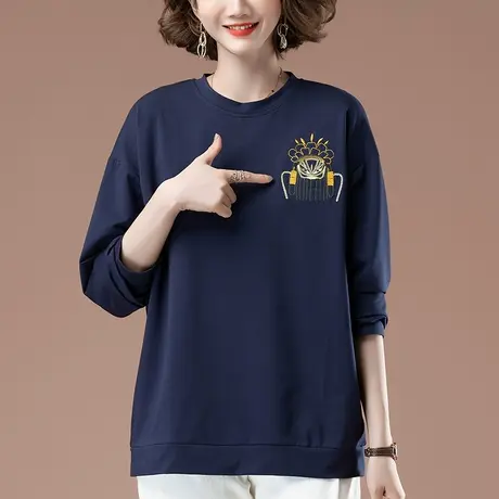 卫衣女春秋薄款加肥加大码女装宽松中年妈妈纯棉刺绣遮肚显瘦上衣商品大图