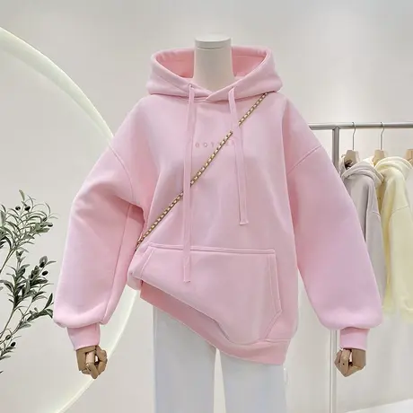 加绒连帽彩色卫衣女秋冬2022新款百搭字母立体宽松大码上衣外套商品大图