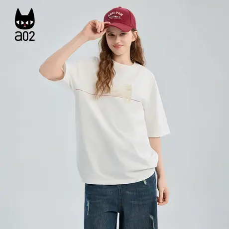 a02黑猫系列纯棉宽松圆领短袖T恤女2025新款夏季通勤风半袖上衣图片