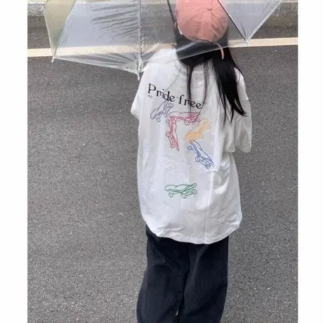 100%纯棉国潮美式滑板印花短袖t恤女夏季ins潮牌复古oversize上衣图片