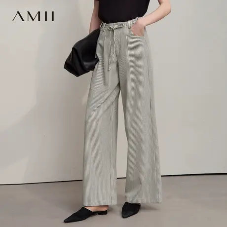 Amii【复古竖条】2025复古时尚竖条宽松直筒阔腿长款裤休闲裤女商品大图