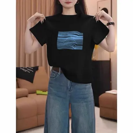 正肩宽松圆领短袖t恤女装2025新款设计感时尚百搭黑色上衣夏季潮商品大图
