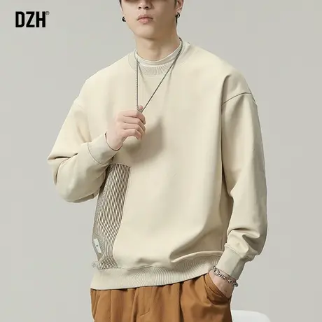 男士杏色卫衣男春秋款重磅美式男装圆领长袖上衣男款拼接情侣外套商品大图